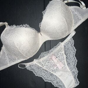 Victoria's Secret push Up 32DDD BRA SET S Panty coconut WHITE lace DREAM ANGELS